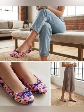 LOFT Pink Floral Print Ballet Flats with Navy Bow, Women’s Size 7